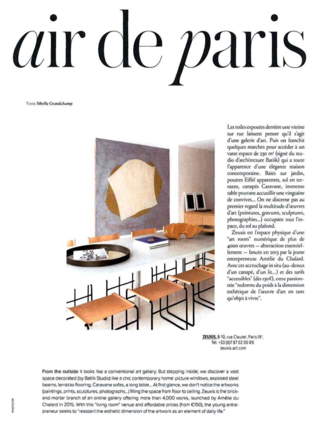 Zeuxis galerie d'art dans le magazine Air France Madame